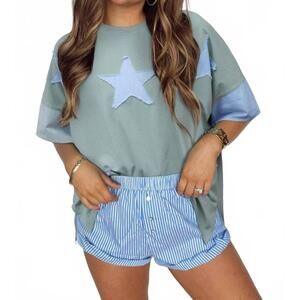 NEW LOVESOFT frayed denim star patched oversize t shirt in smoke green